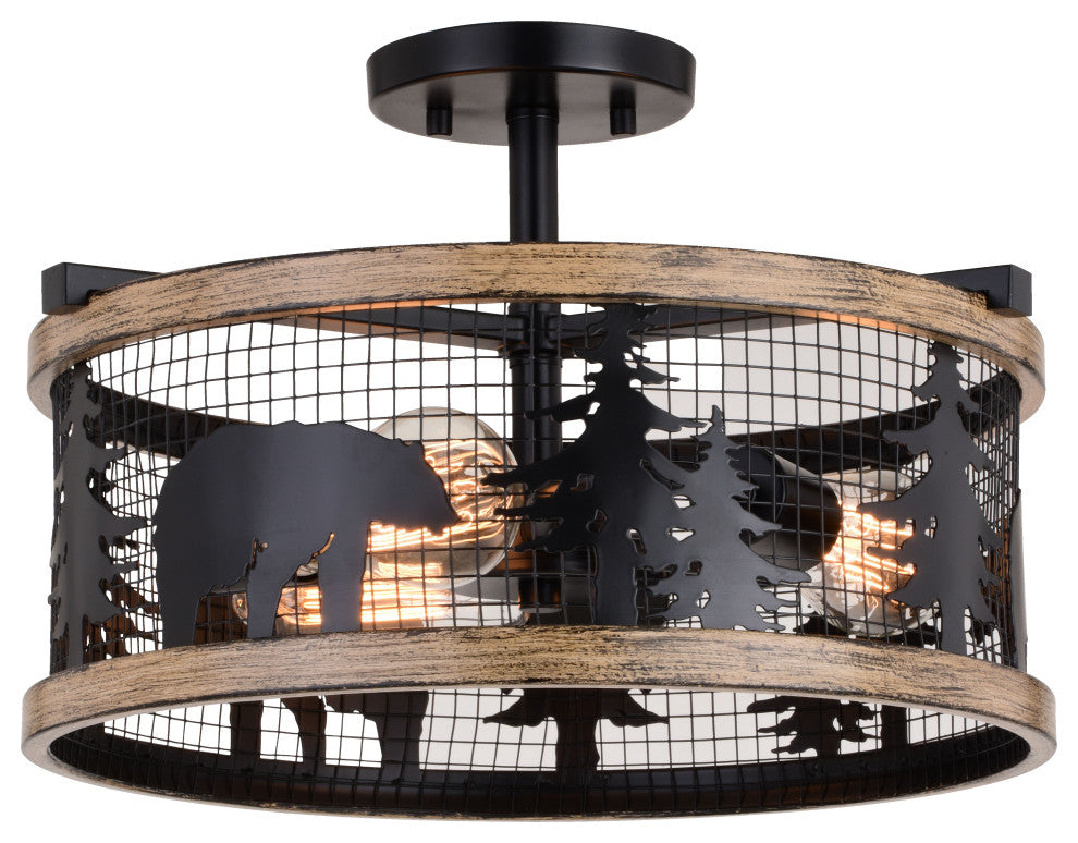 Kodiak 16" 3 Light Semi-Flush Black and Burnished Teak