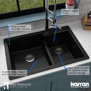 Karran 33" Top Mount Double Bowl 60/40 Quartz Kitchen Sink Kit, Black