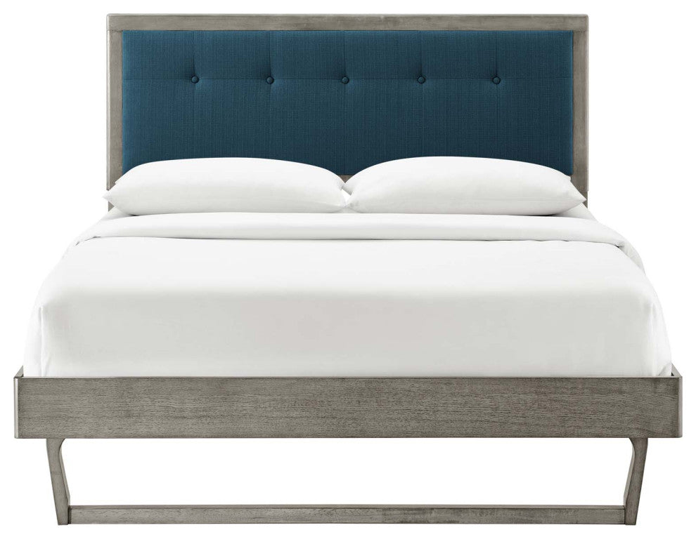 Platform Bed Frame, Queen Size, Fabric, Wood, Gray Navy Blue, Modern