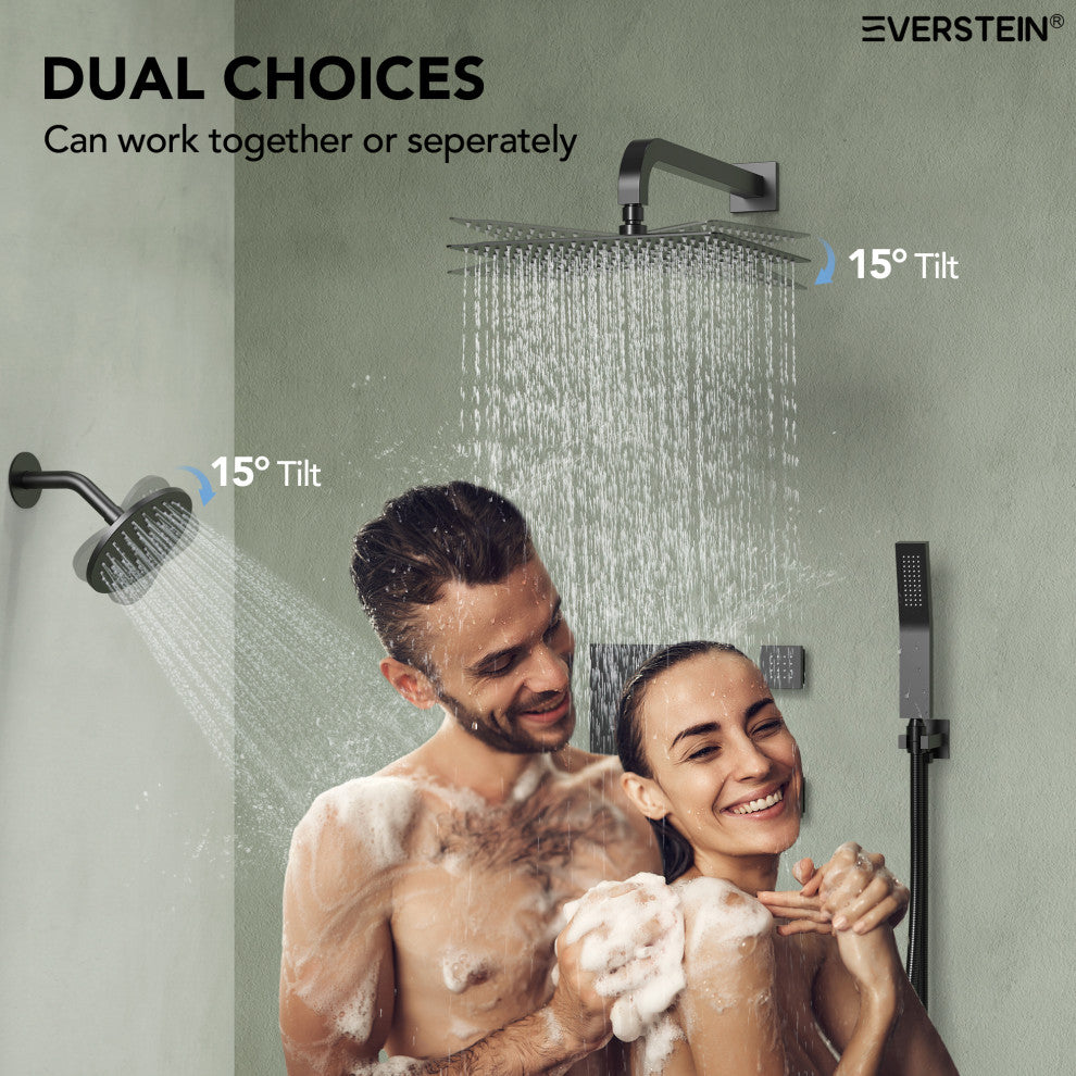 Dual Heads 12" Rain Shower System With 3 Way Thermostatic Faucet,Body Jets, Matte Black