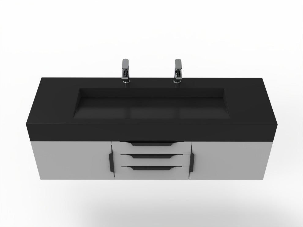 CastelloUSA Nile 60" Wall Mounted Vanity Set, Gray, Black Top, Black Handles