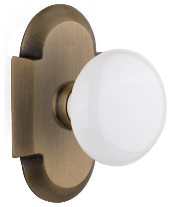 Cottage Plate Passage White Porcelain Knob, Antique Brass