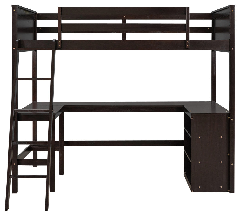 Gewnee Twin size Wood Loft Bed with Shelves and Desk in Espresso