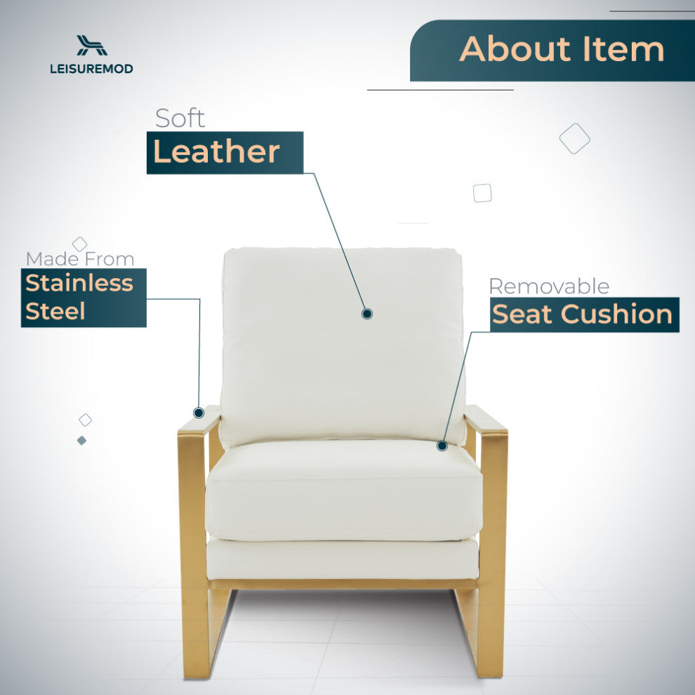 LeisureMod Jefferson Faux Leather Accent Armchair With Gold Frame, White