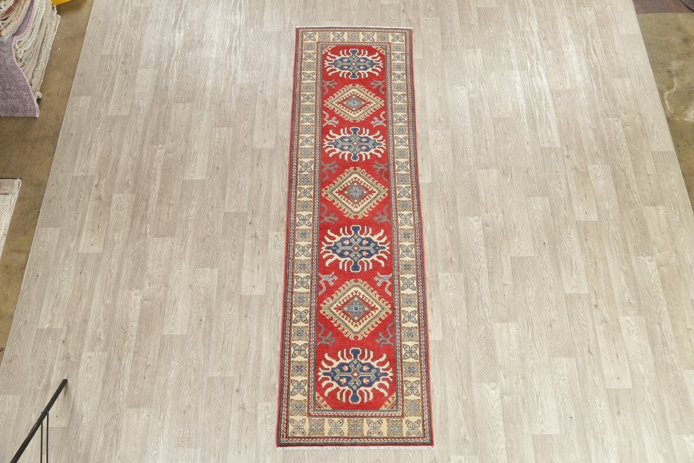 Traditional Wool Kazak Oriental Hand Made Pakistani Runner Rug, Red, 9'4"X2'8"