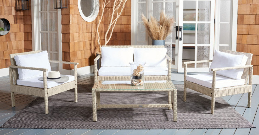 Safavieh Outdoor Garnen 4 Piece Living Set Beige/White Cushion