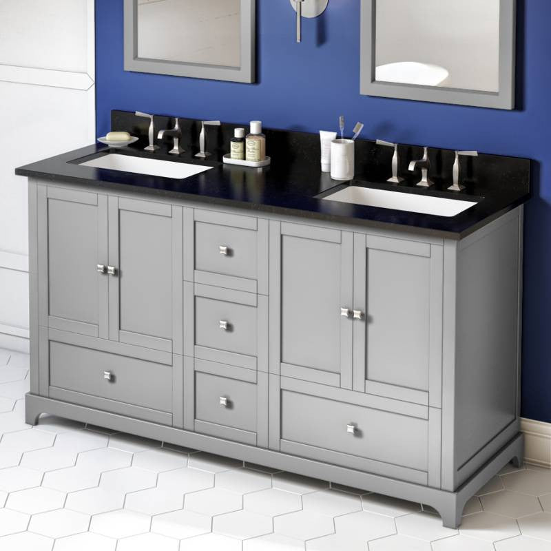 Addington Modern 60" Grey Double Sink Vanity, Black Granite Vanity Top