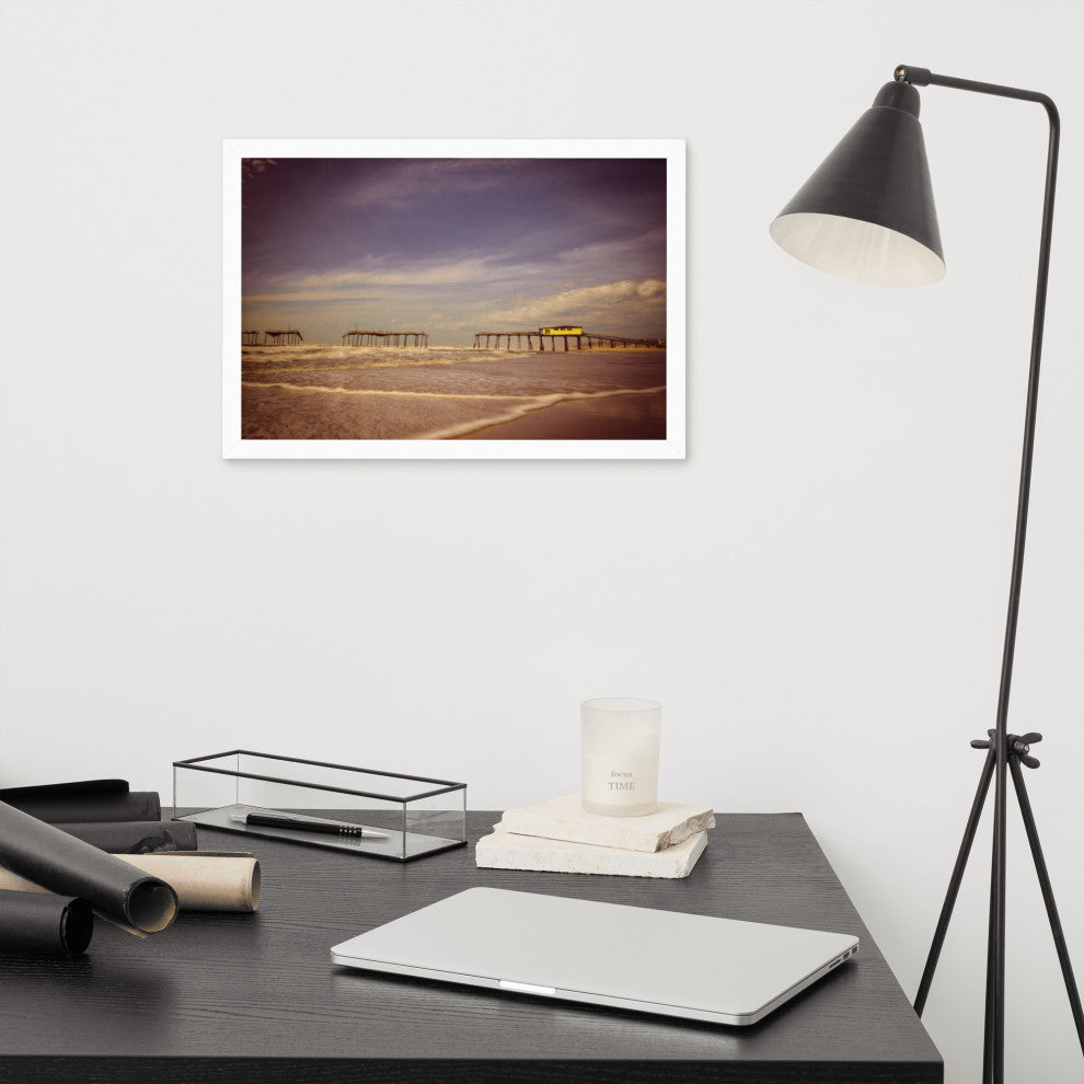 Aged View of Frisco Pier Coastal Framed Photo Paper Print, White, 12" X 18"