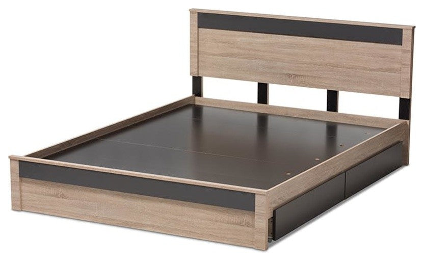 Jamie Two-Tone Oak and Gray Wood Queen 2-Drawer Queen Size Storage Platform Bed