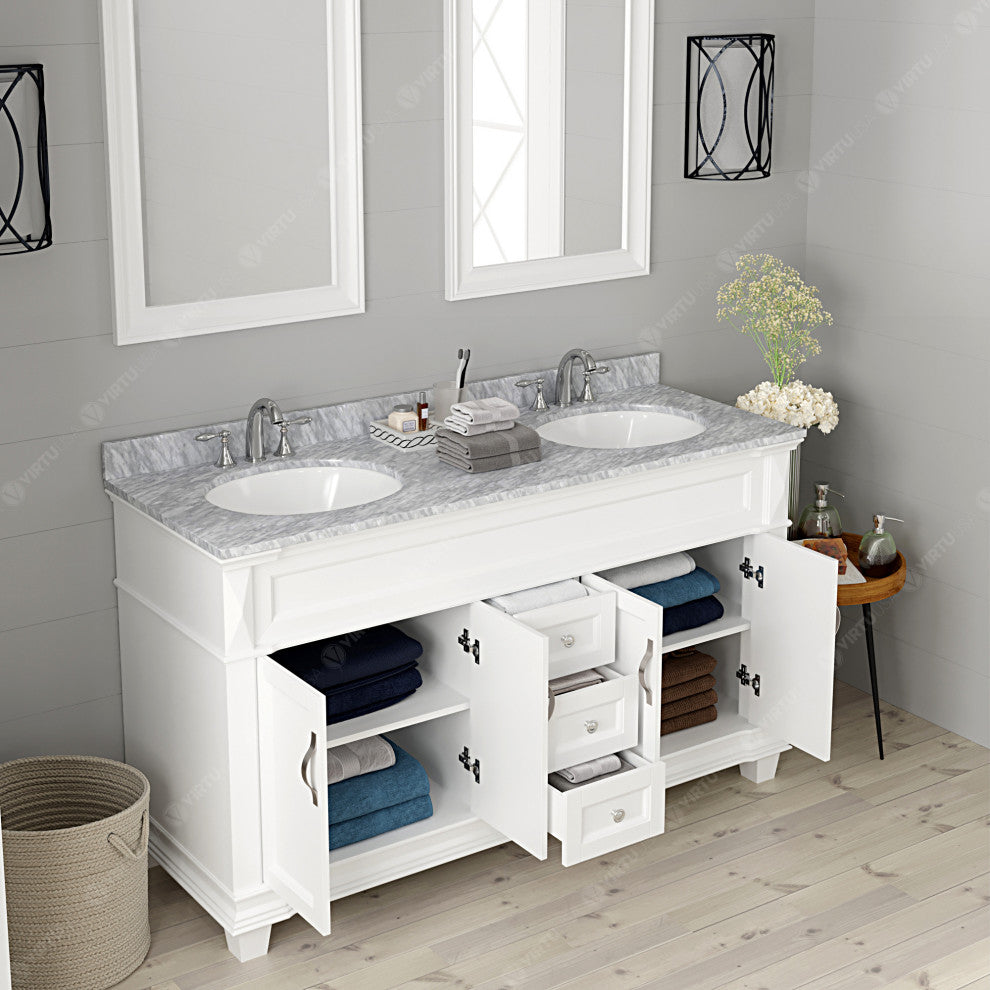 Virtu Victoria 60" Double Bathroom Vanity, White With Faucet and Mirrors