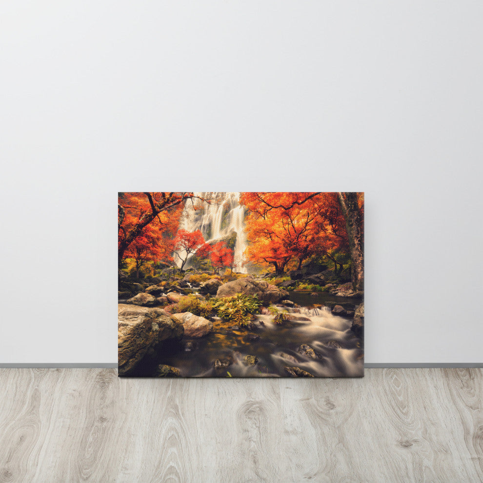 Waterfall in the Autumn Golden Shadow Effect Landscape Photo Canvas Art Print, 18" X 24"