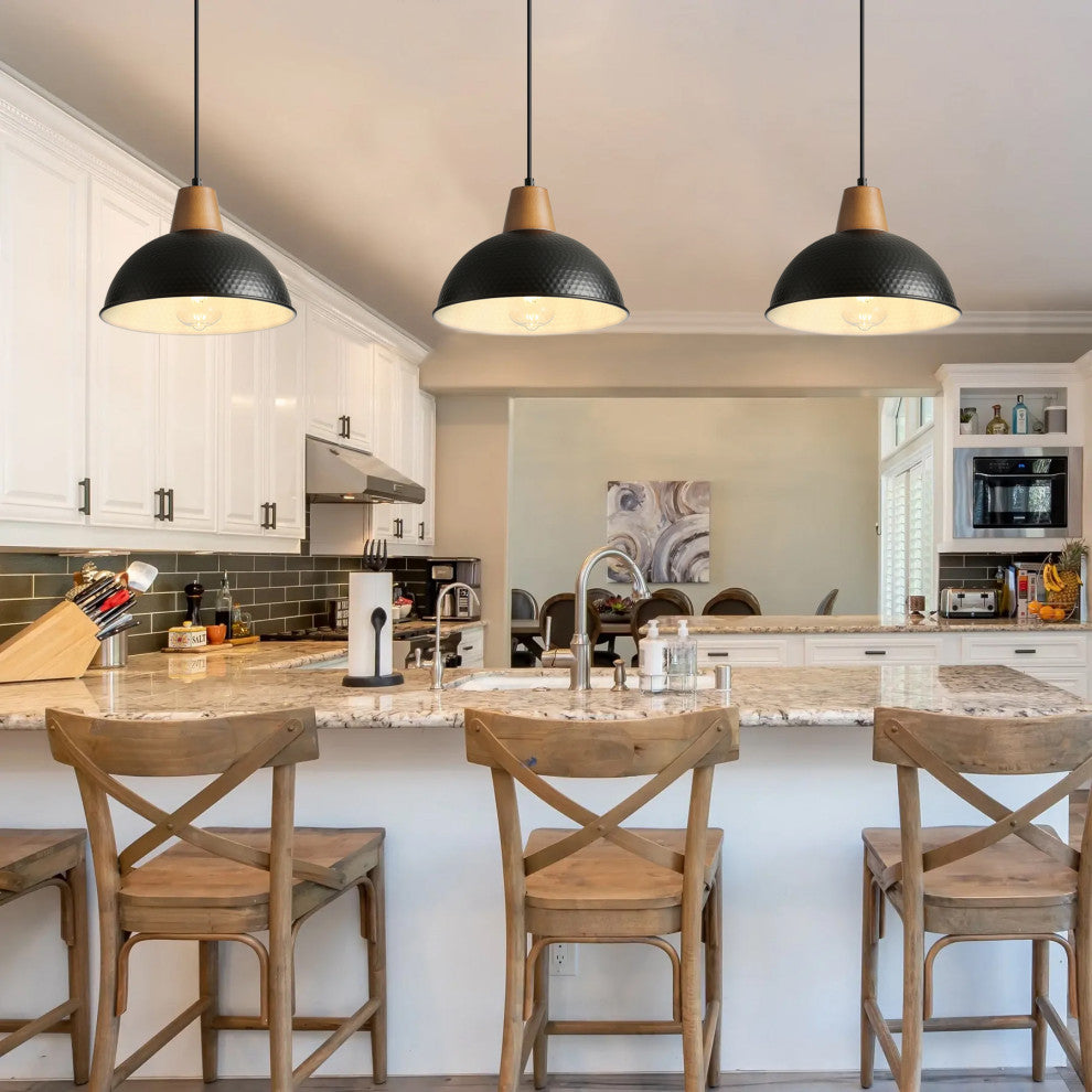Industrial Farmhouse Pendant Light With Metal Shade and Wood Grain Design, Black