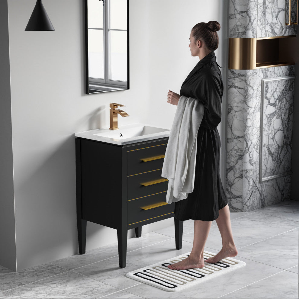 Celios Bathroom Vanity, Black with Brass Trim, 24", Single Sink, Freestanding