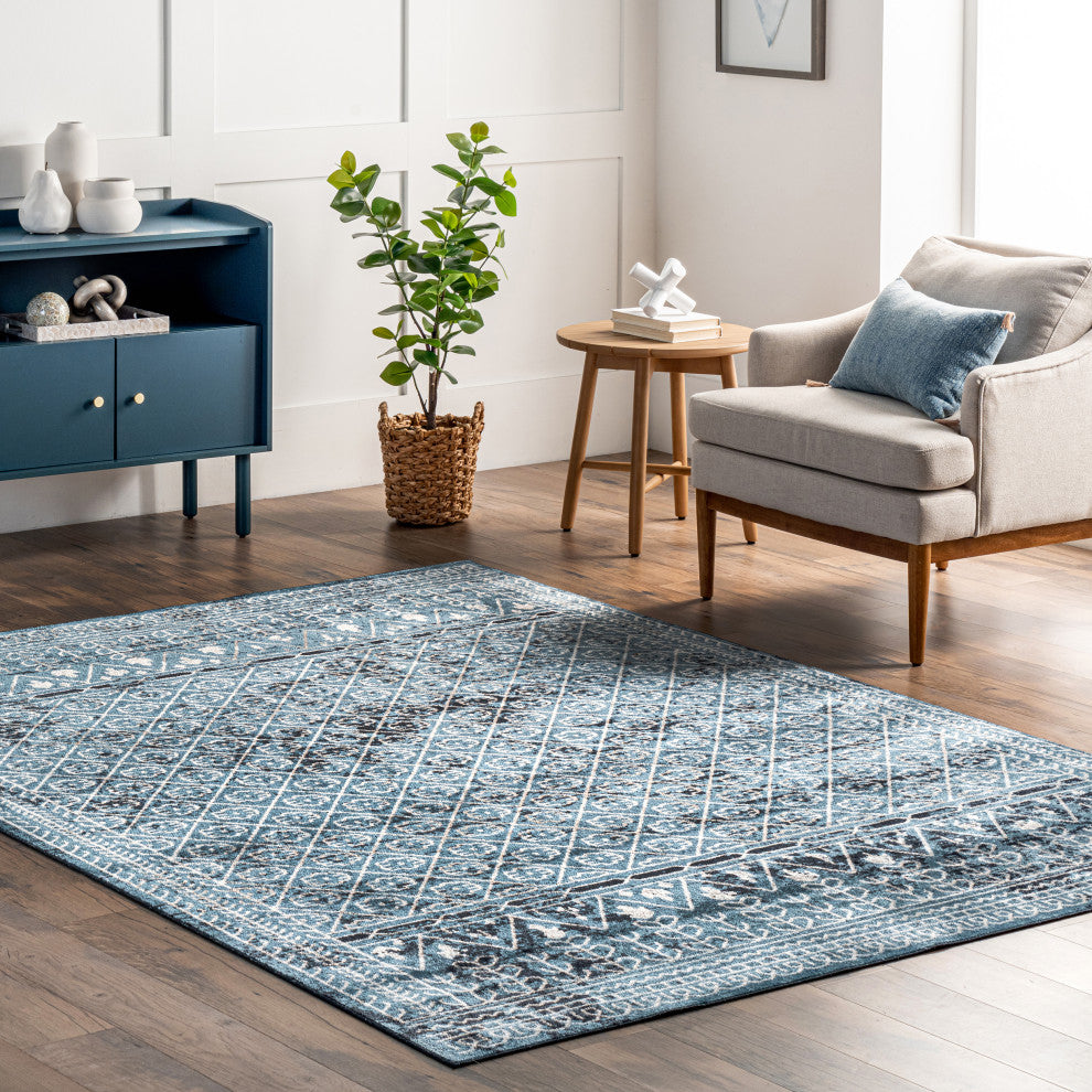 Nuloom Prestyn Machine Washable Faded Tribal Trellis Area Rug, Aqua 6'7"x9'