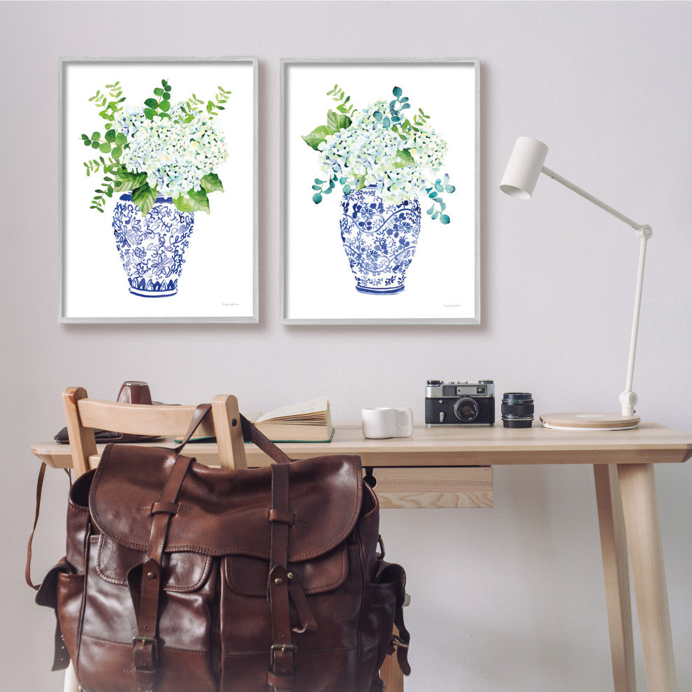 Blue Floral Bouquets Lush Green Botanicals Ornate Pot,2pc, each 24 x 30