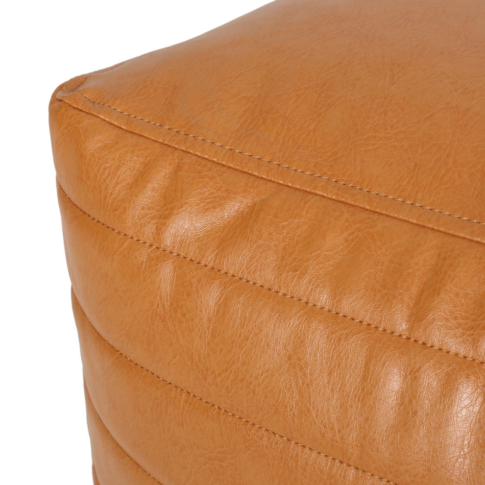 Conrail Contemporary Faux Leather Channel Stitch Pouf, Caramel, Cube
