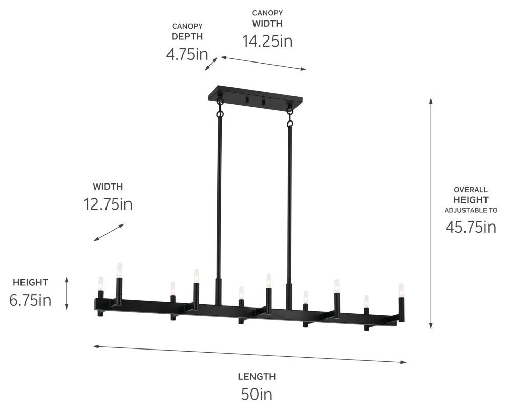Erzo 50" 10 Light Linear Chandelier, Black