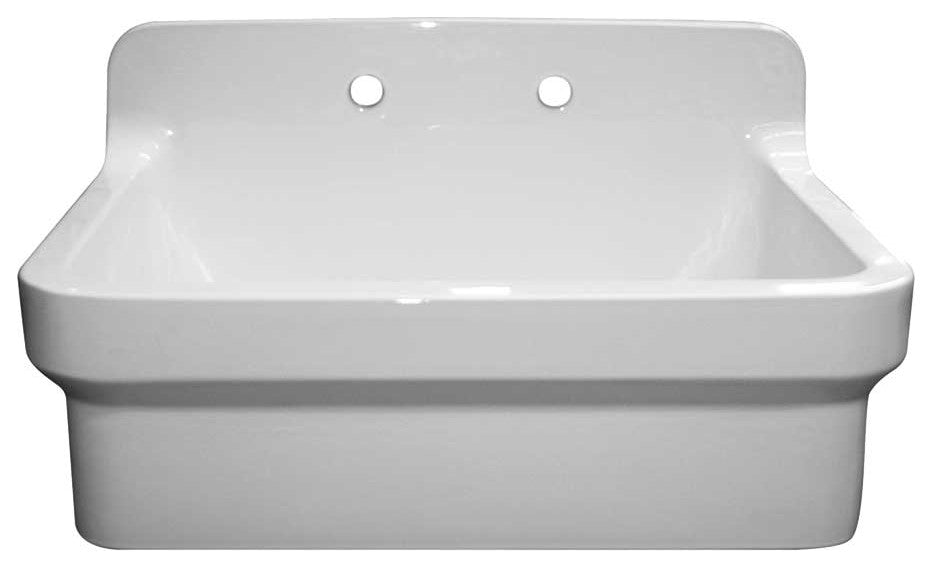 Old Fashioned Country Fireclay Utility Sink With High Backsplash, White