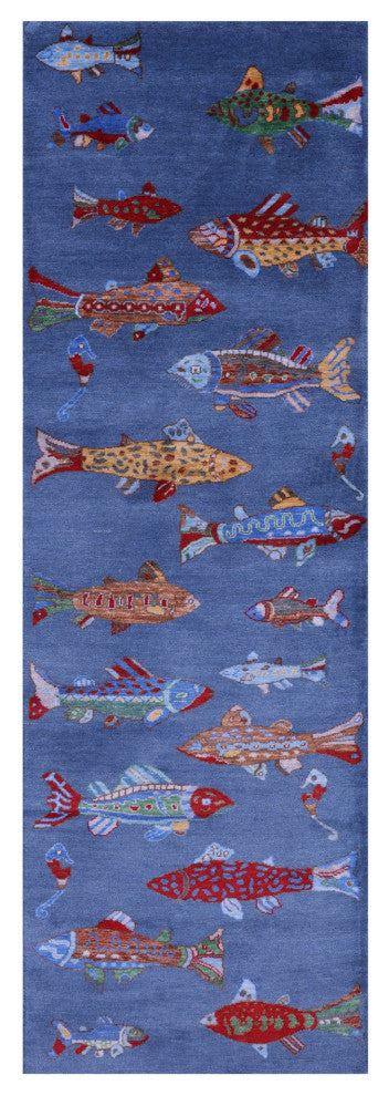 Runner Gabbeh Fish Design Handmade Wool Rug 2' 7" X 8' 0" - Q15518