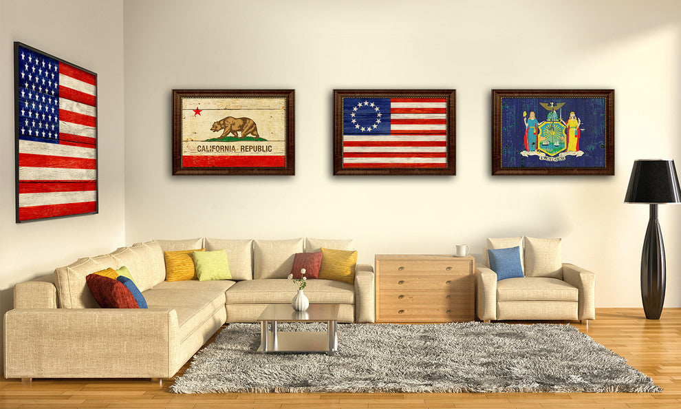 Revolutionary War Military Textured Flag Print With Brown Gold Frame, 19"X27"