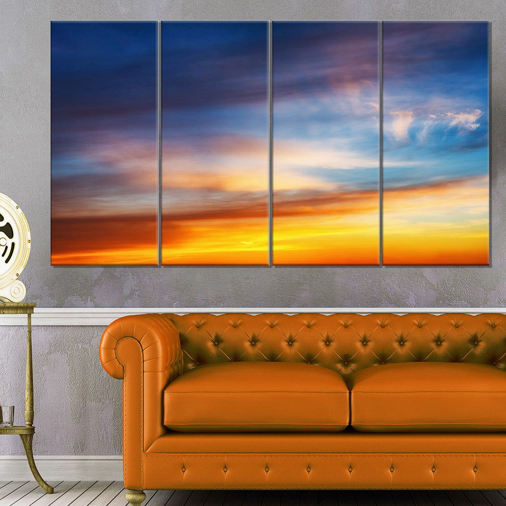 Sunset Dramatic Yellow Sky Clouds, Seashore Canvas Print, 48"x28", 4 Panels