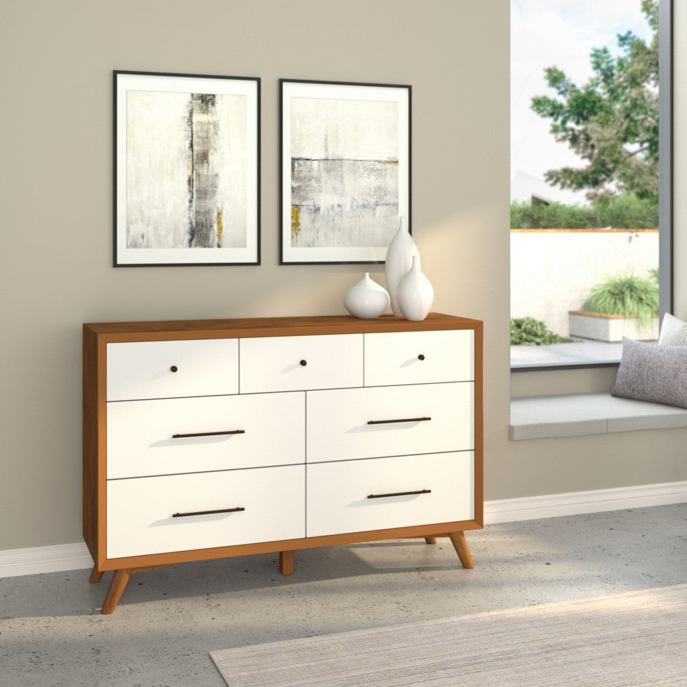 Flynn Mid Century Modern 7 Drawer Dresser, Acorn/White