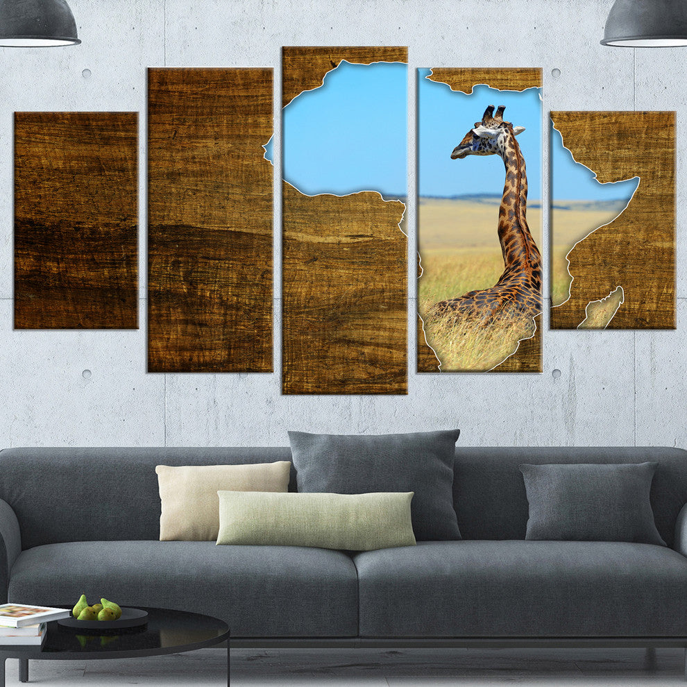 Africa Wildlife Map Design, Abstract Canvas Artwork, 60"x32", 5 Panels