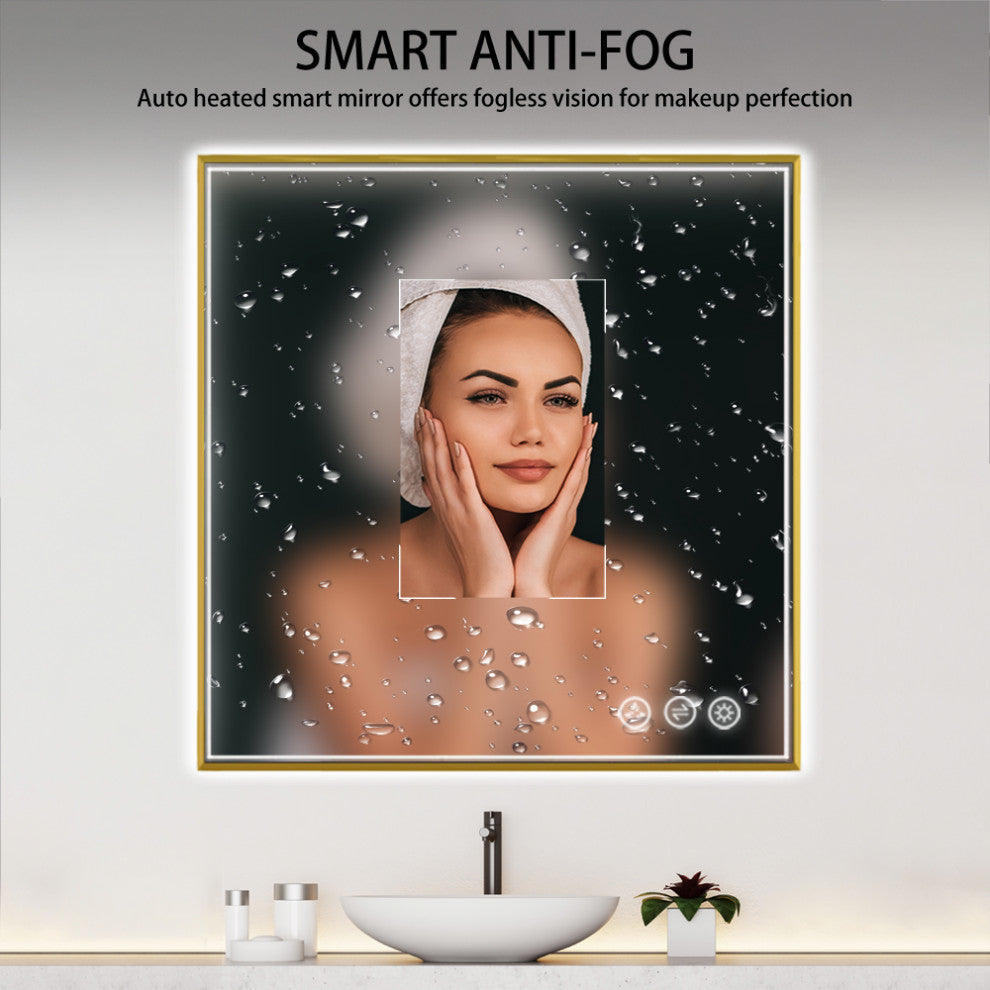 Fogless, Dimmable, Color Temperature Adjustable LED Mirror, Brush Gold, 36x36