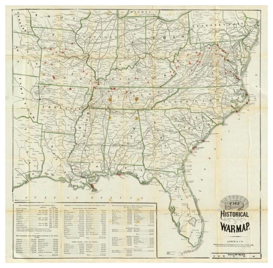 "The United States Historical War Map, 1862" Print by Asher and Company, 18"x18"