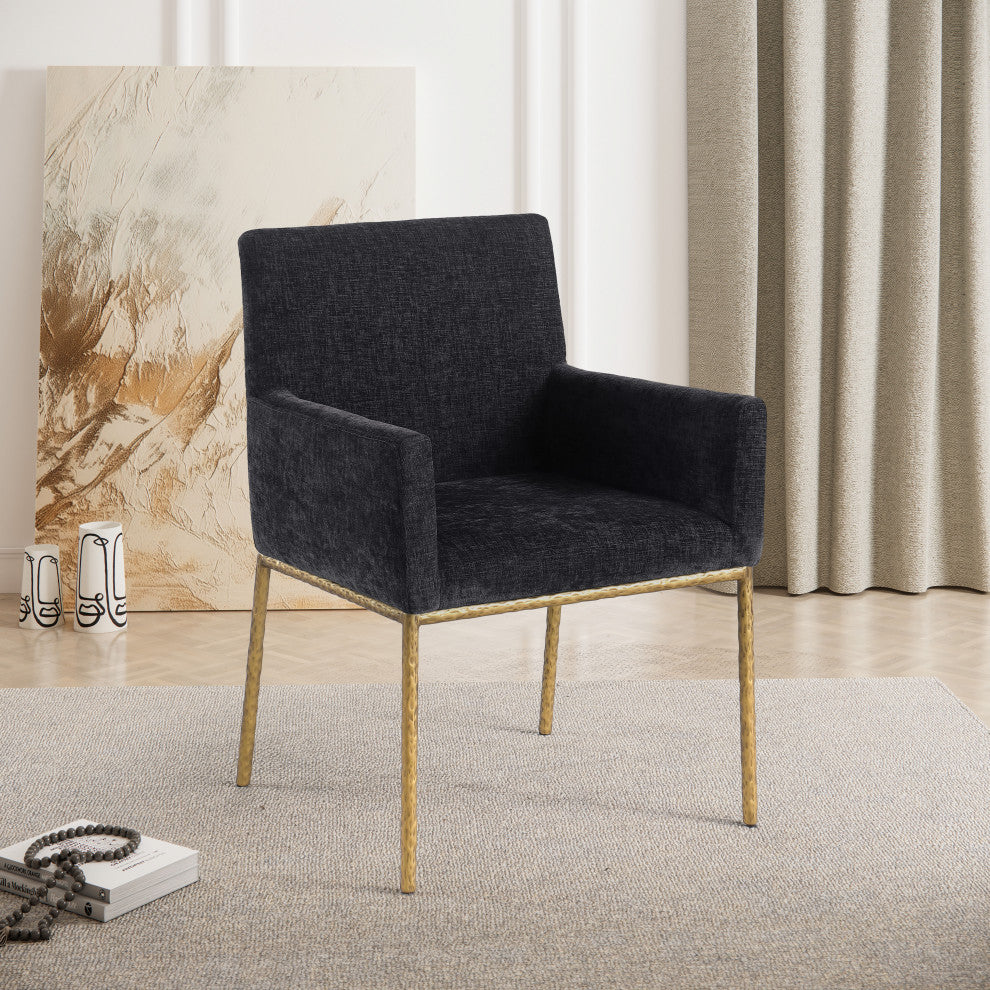 Reeves Upholstered Dining Chair, Black, Chenille , AC,  Brushed Brass, Set of 2
