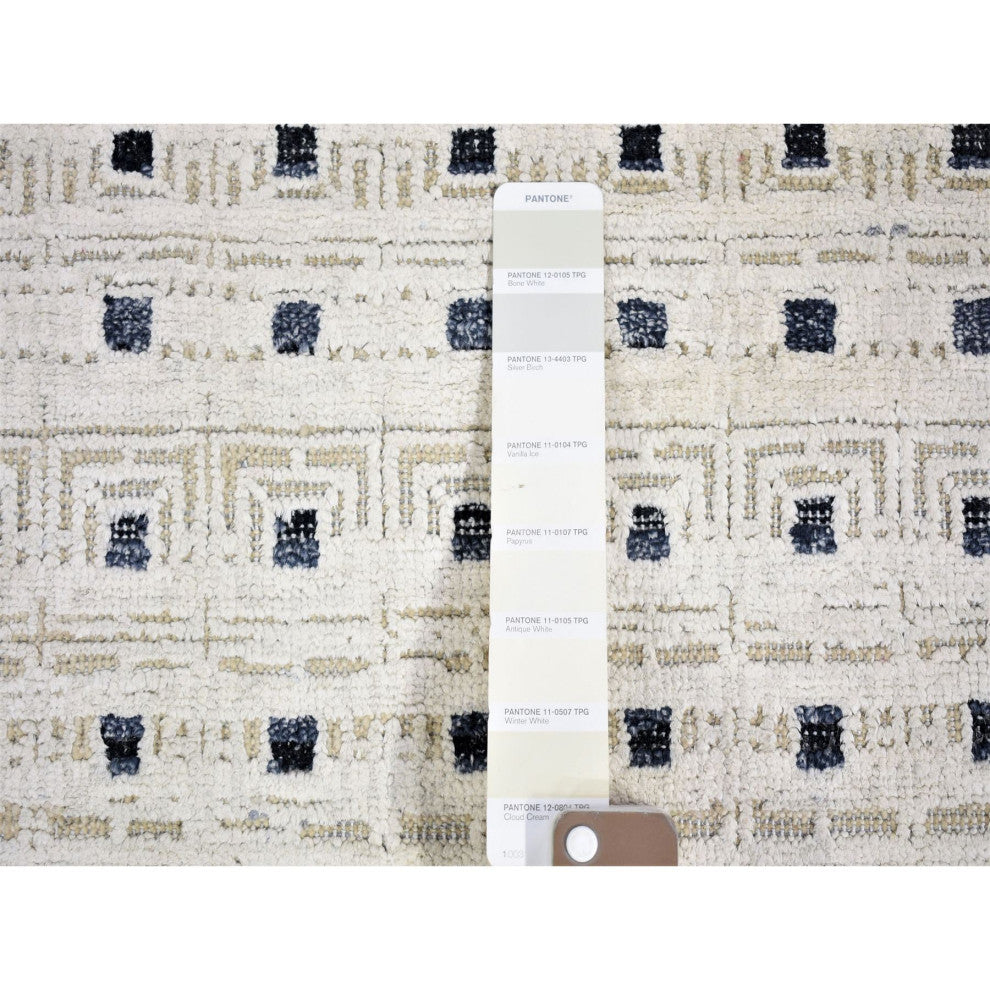 Ivory, Pure Silk With Textured Wool Hand Knotted, Modern Runner Rug, 2'7"x8'1"