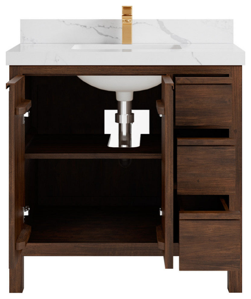 Elizabeth 36 Center Sink Bath Vanity in Dark Walnut Teak 2" Calacatta Laza