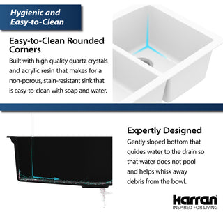 Karran Undermount Quartz 32" 60/40 Double Bowl Kitchen Sink, White