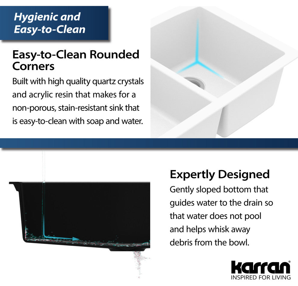 Karran Undermount Quartz 32" 60/40 Double Bowl Kitchen Sink, White