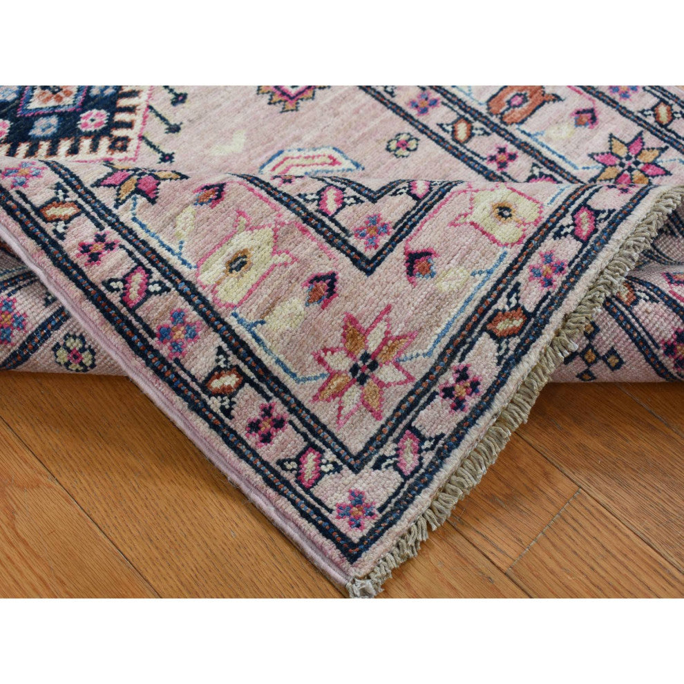 Pastel Pink Hand Knotted Afghan Super Kazak Pure Wool Runner Rug, 2'8"x8'10"
