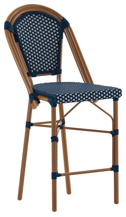 Set of 2 Stackable Indoor/Outdoor French Bistro 26" High Bar Stools, Navy & White/Natural Frame
