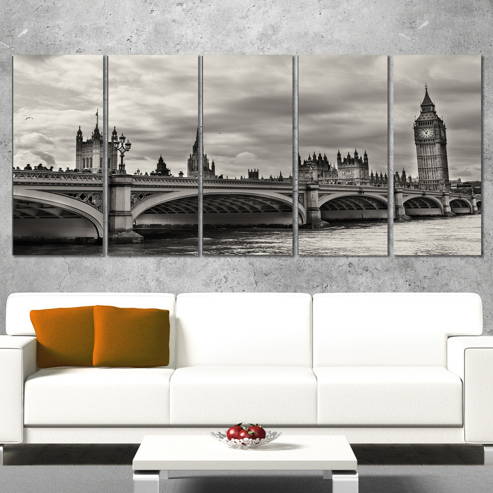 Wonderful View of Westminster Bridge, Cityscape Canvas Print, 60"x28", 5 Panels