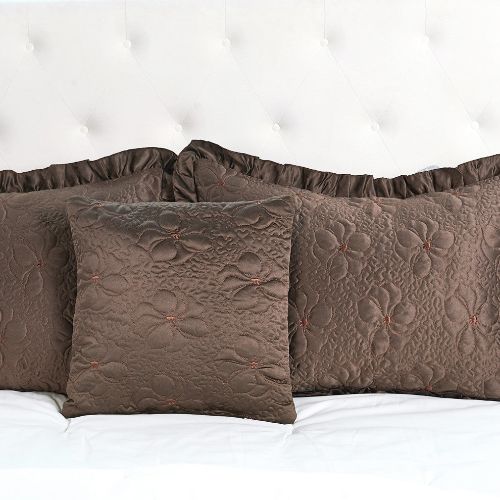 Matte Satin Ruffle 4 Piece Bed Spread Set, Chocolate, Queen