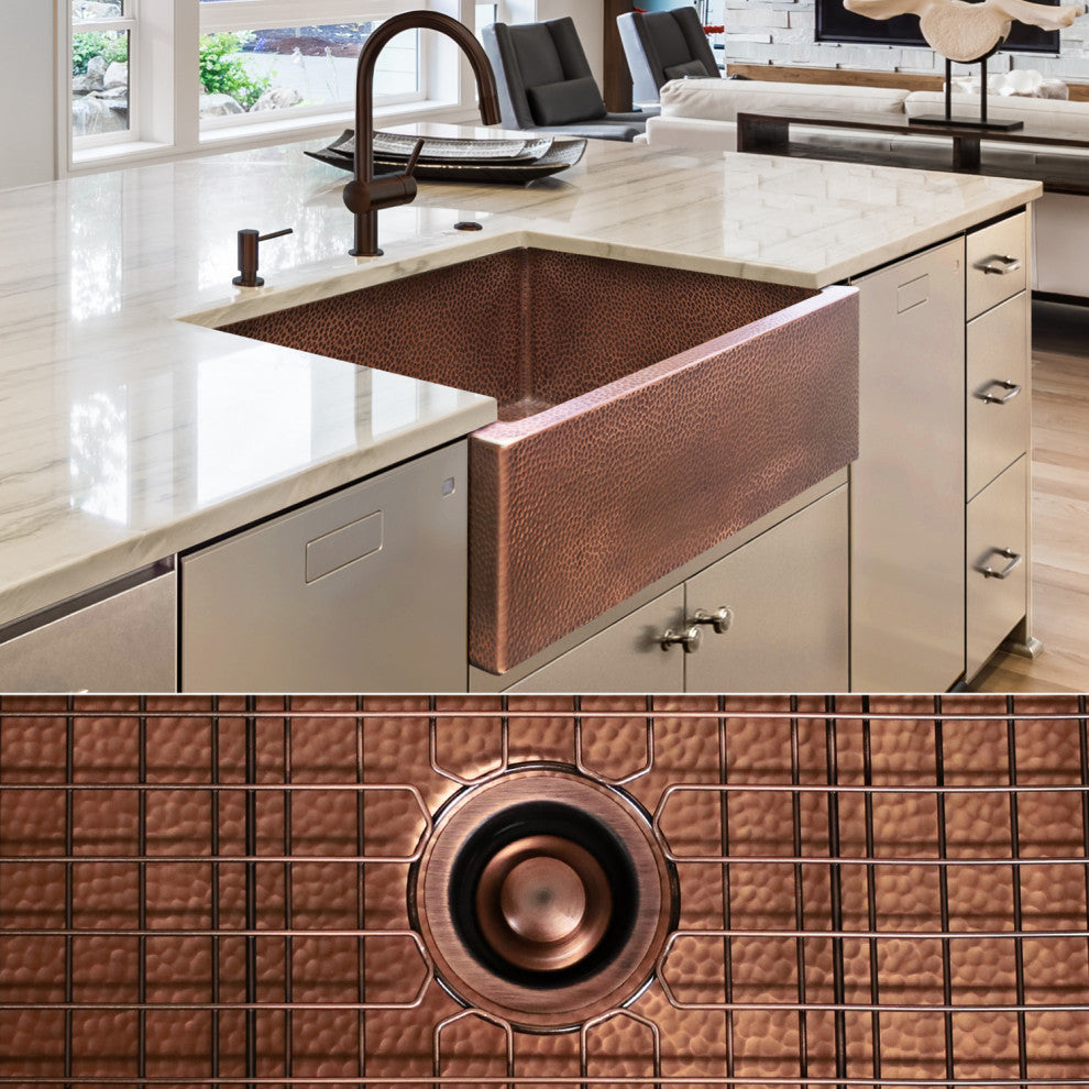 Luxury 30-Inch Heavy 12-GAUGE Med. Patina Copper Farmhouse Sink, Flat Front