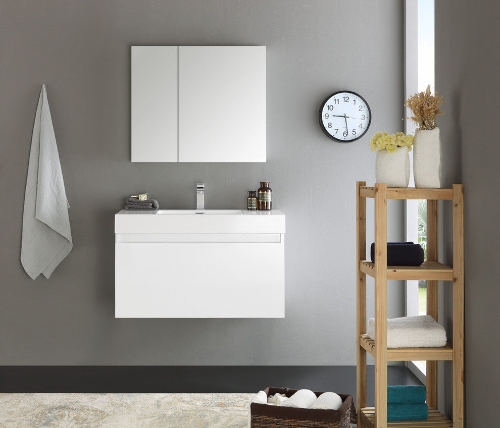 Mezzo 36" White Wall Hung Modern Bathroom Vanity, Faucet FFT9151CH