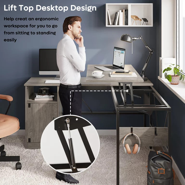 Corner Desk, Metal Frame With Spacious Cabinet & Lift Up Section Top, Wash Gray