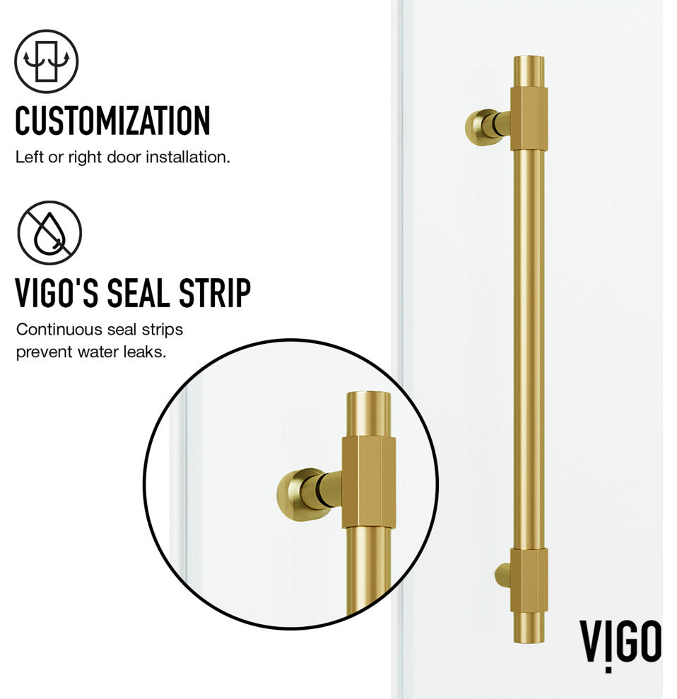 VIGO Elan Hart 56" to 60" W x 76" H Frameless Sliding Shower Door, Matte Brushed Gold, Clear Glass