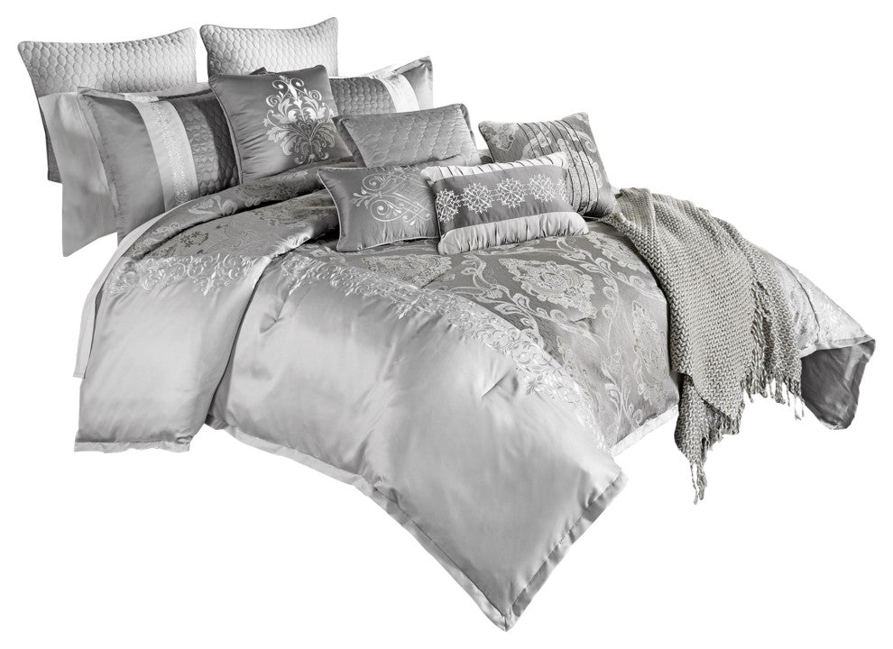 Benzara BM225173 12 Piece King Polyester Comforter Set, Medallion Print, Gray