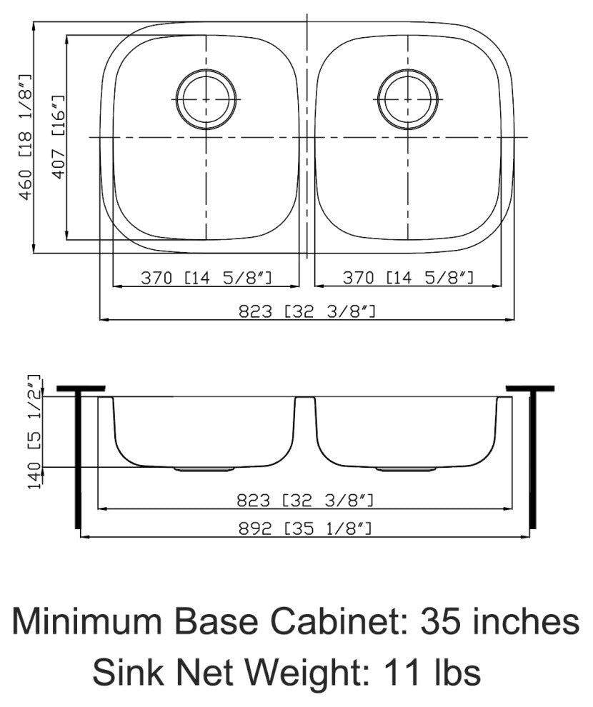 Sinber 32" Undermount Double Bowl 304 Stainless Steel Kitchen Sink