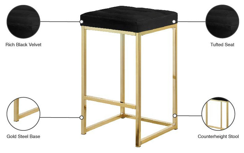 Nicola Counter Stool, Set of 2, Black, Velvet, Gold Base
