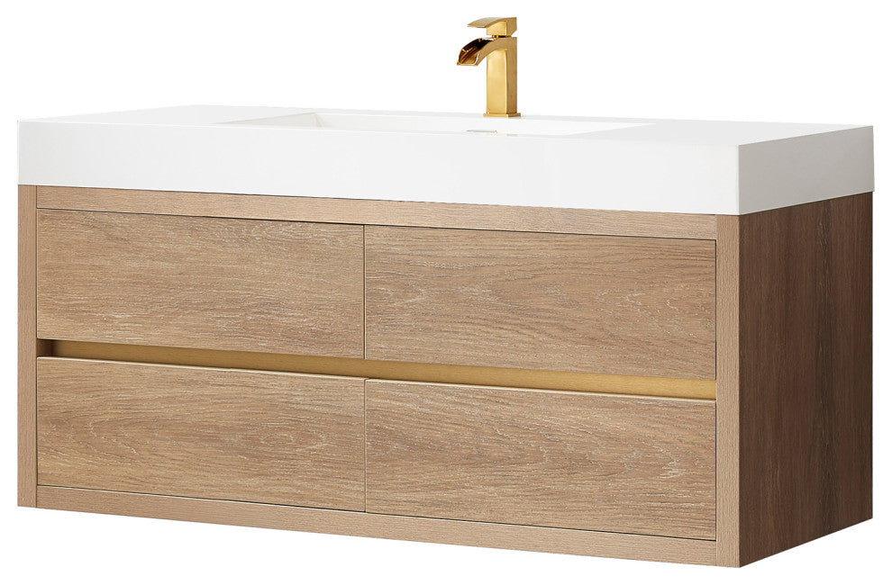 Palencia Floating Bath Vanity With Composite Stone Top, North American Oak, 48", No Mirror