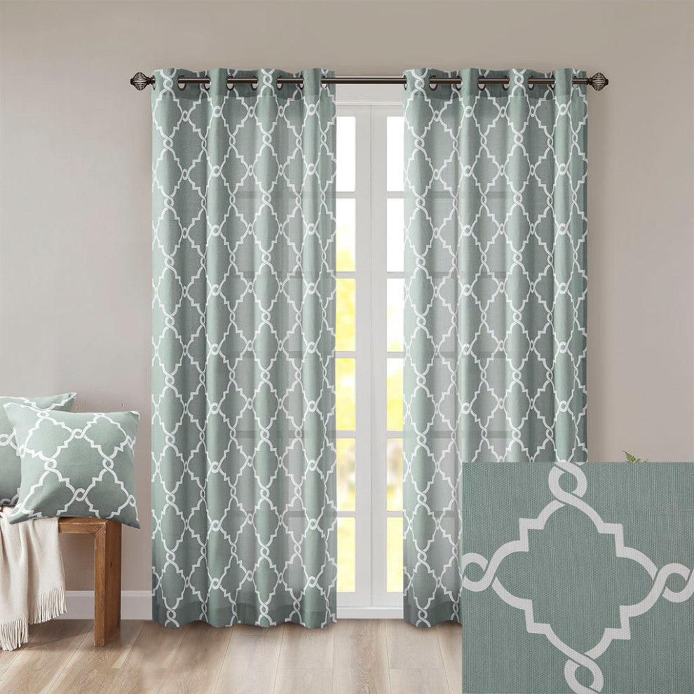Madison Park Saratoga Fretwork Print Grommet Top Window Curtain Panel, Seafoam