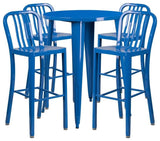 30" Round Blue Metal Bar 5-Piece Table Set With 4 Vertical Slat Back Stools