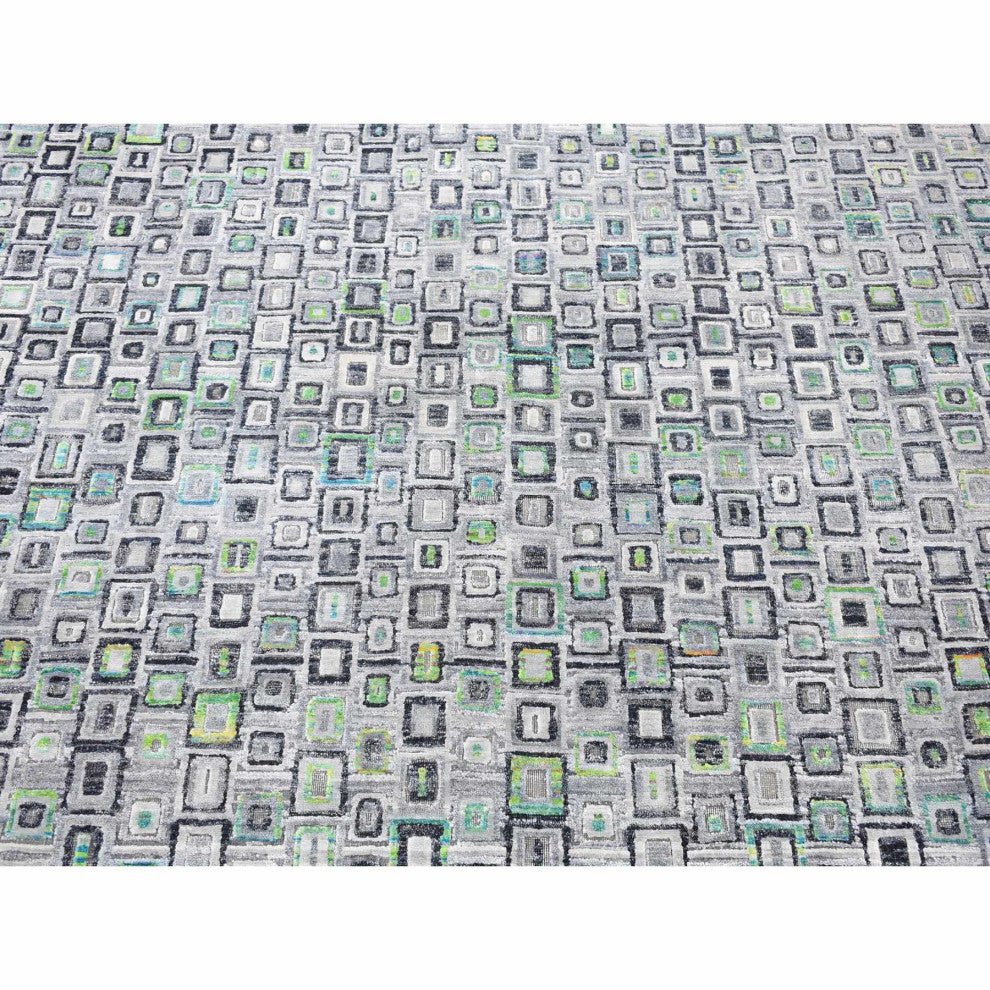 Gray, Silk With Wool, Psefas Square Design Hand Knotted Rug, 9'0"x12'3"