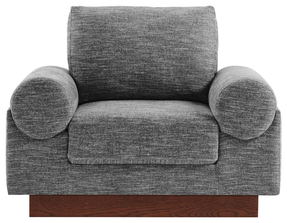 Modern Fabric Armchair with Wooden Plinth Base, Bolster Chair, Grey
